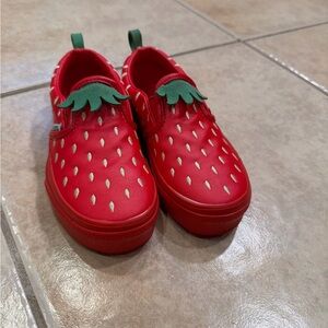 Vans Kids Red Strawberry Slip-On Sneakers with Green Leaf Accents